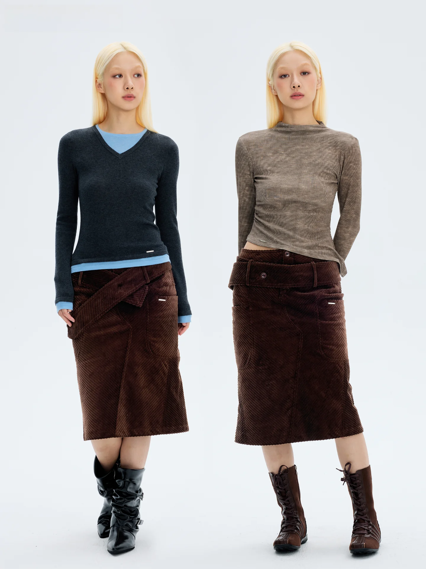 

HORAHORA Retro Artistic Brown Corduroy Wide Waist Belt Midi Skirt with kets Ci Commute Casual Polyester Straig...