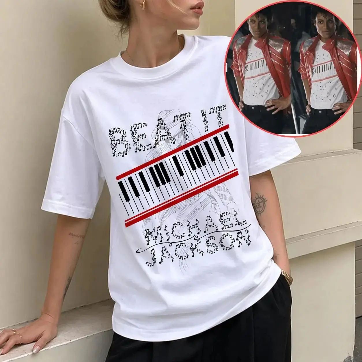 King of Pop T-shirtMichael Jackson Beat It Piano Key Pattern T-shirt Couple's Print Casual Loose Streetwear Rock Vintage Clothes