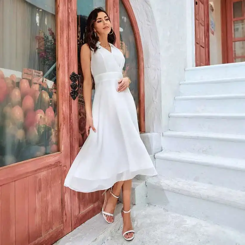 

2025 Summer New Women's Fashion V-neck Sexy V-neck Solid Color Sleeveless Chiffon Dress for Women Robe Vestido Women Elegant