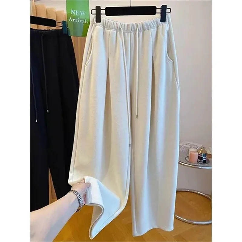 겨울 여성용 시크 하이웨이스트 스트레이트 레그 보온 바지 여성용 플러시 캐주얼 배기 바지 소녀용 스노우 웜 팬츠