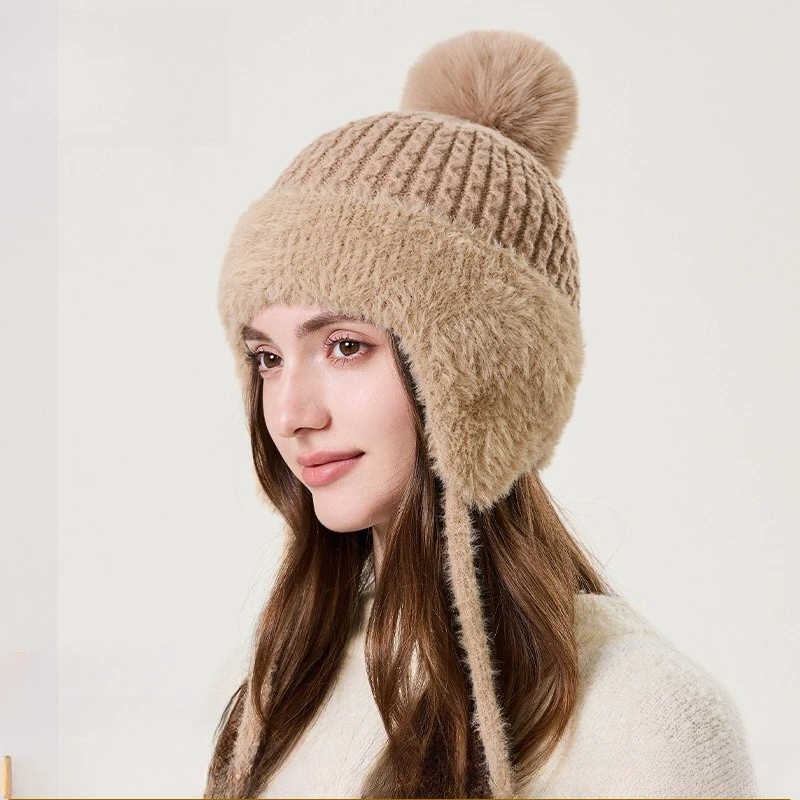 Hot Sale Winter Knitted Ear Cap Women's Premium Sense Plush Ear Wrap Strap Large Hairball Windproof Warm Pullover Cap