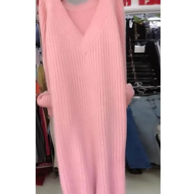 2025年 女性用 大きいサイズ 5XL ニットワンピース 秋 レディース ゆったり Vネック ニットドレス 韓国風 ハイエンド プルオーバー ニットワンピース