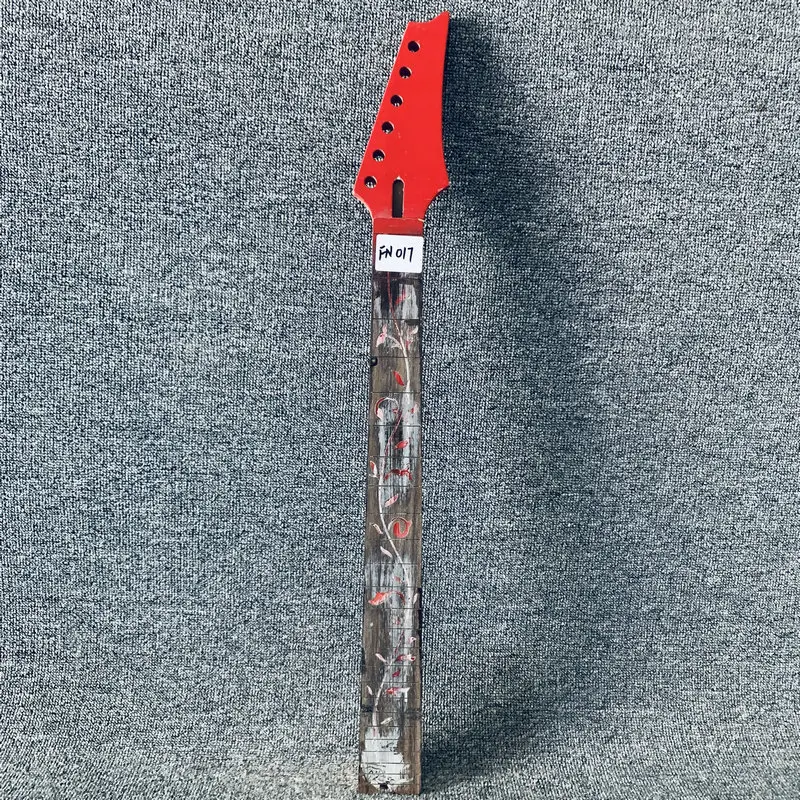 FN017 6 String Electric Guitar Unfinished Floyd Rose Guitar Neck with Red Color Tree of Life Inlay No Frets No Paints Damages