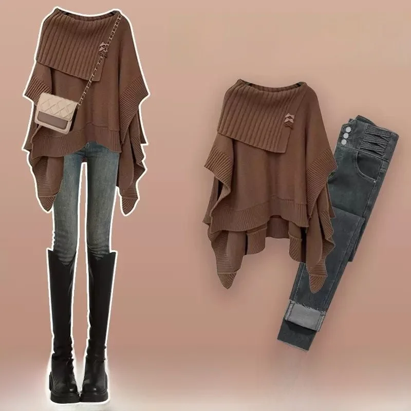 

Fashionable Knitted Sweater And Jeans Two-Piece Set Baring One Shoulder Irregular Design Autumn Collection for Young Women