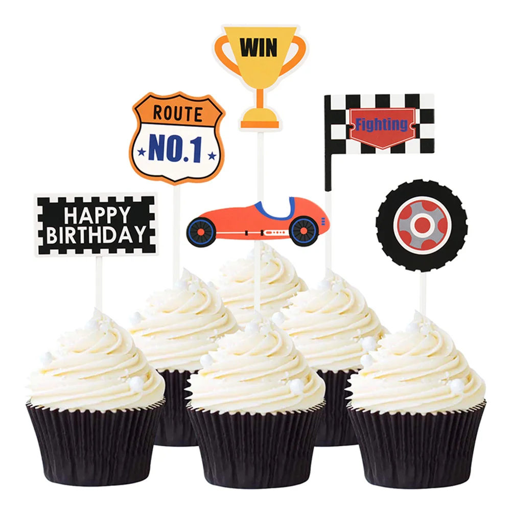 

24Pcs Trophy Racing Car Checkered Flag Paper Cake Picks Party Cupcake Decor Dessert Table Decoration Baking Supplies