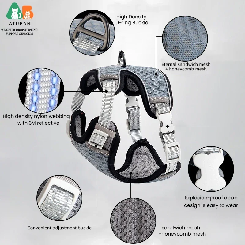 ATUBAN القط حزام وطوق للكلب للمشي ، القط الصغيرة تسخير الهروب برهان القط تسخير كبير ، قابل للتعديل القط تسخير عاكس #5