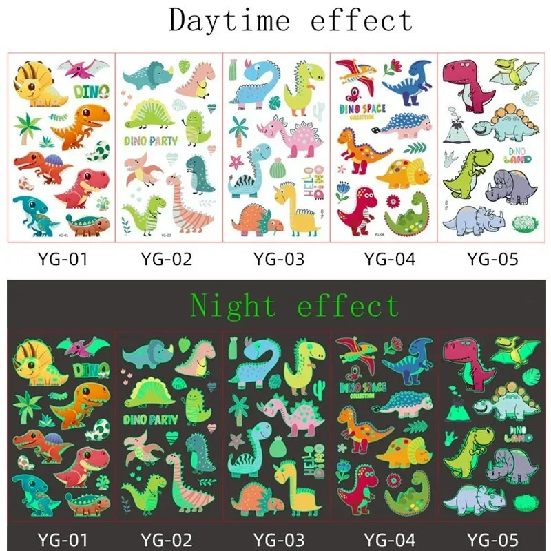 5 pçs tatuagem luminosa rosto cor temporária sereia dinossauro criança dos desenhos animados bonito tatuagem adesivo corpo tatuagem para crianças