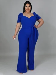 Kombinezony Plus Size z krótkim rękawem Sexy V wysoki dekolt talia Bodycon długi, szeroki nogi spodnie z paskiem na co dzień wieczór kostiumy imprezowe 2020