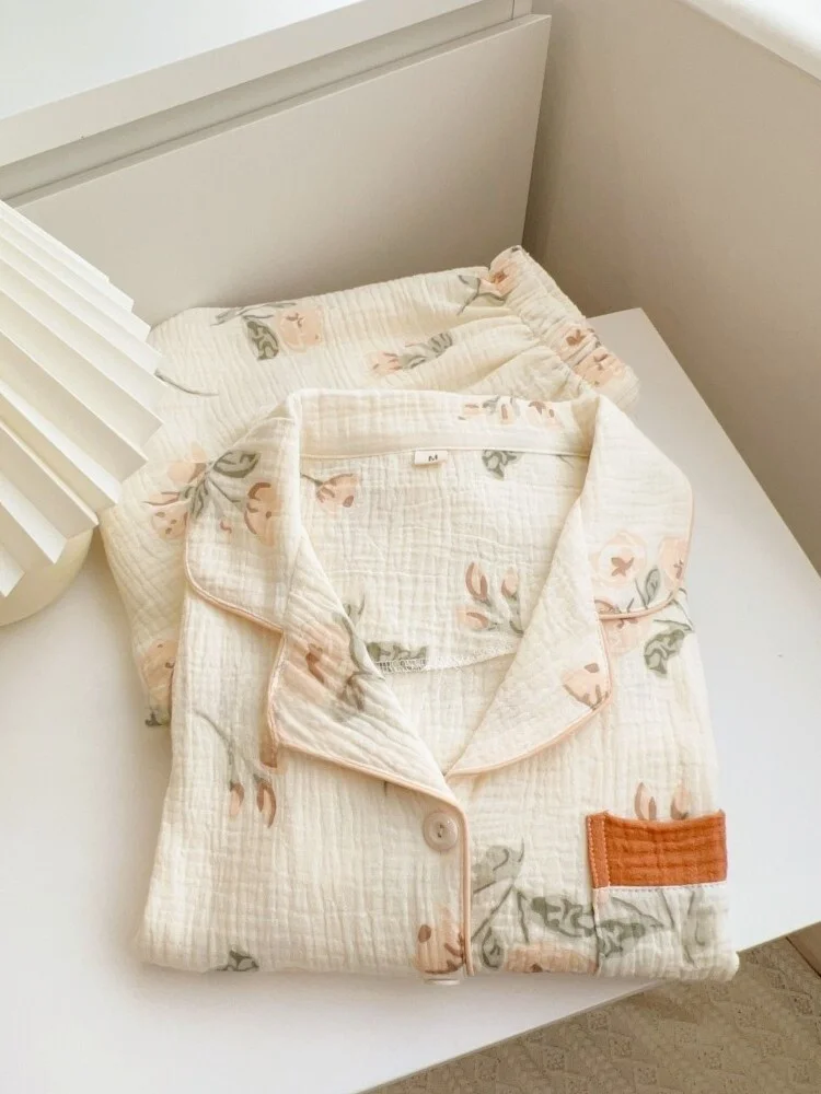 

Романтическая домашняя одежда для пар с узором камелии, хлопковая, двухслойная, плиссированная, для мужчин и женщин, простая, удобная, с длинными рукавами