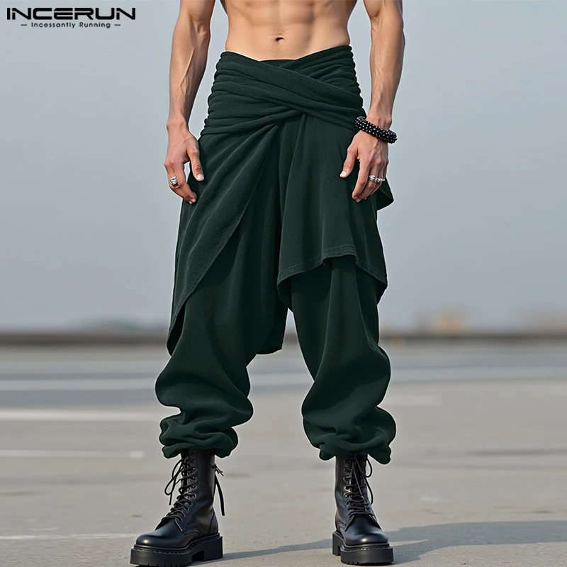 INCERUN 남성용 불규칙 바지 솔리드 컬러 신축성 있는 허리 조거 팬츠 남성용 루즈 스트리트웨어 2025 패션 플리츠 캐주얼 바지
