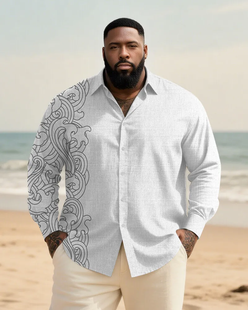 S-9XL Plus Size Men's Japanese Wave & Bamboo Print Linen Shirt, Ethnic Floral Casual Button-Down, Multi-Designs Available
