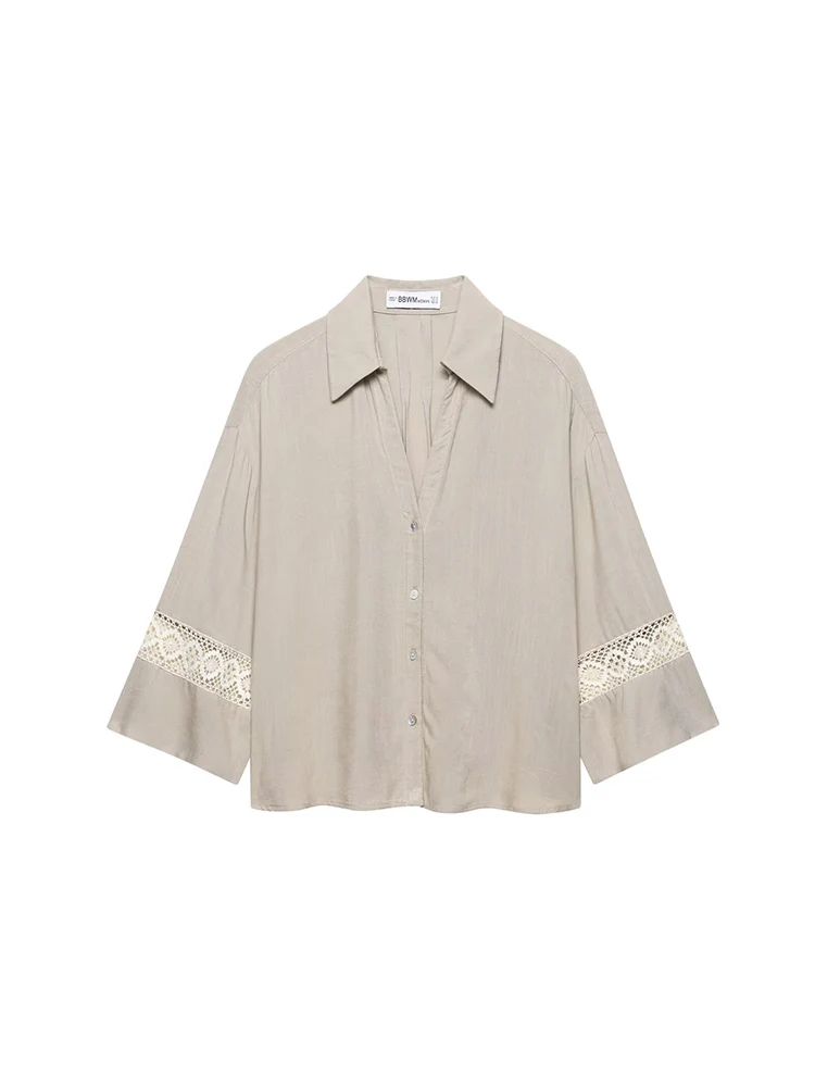 

KUCLUT Women Fashion Khaki Embroidery Single Breasted Blouse Vintage Lapel Neck Long Sleeves Female Chic Lady Shirts