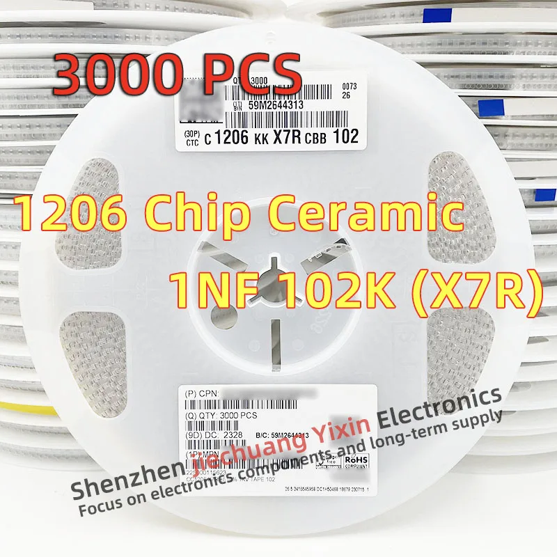 Chip Ceramic Capacitor 1206 1NF 1000PF 1000V 2000V 1KV 2KV 102K 10% accuracy X7R material 3216 Capacitance 3000pcs