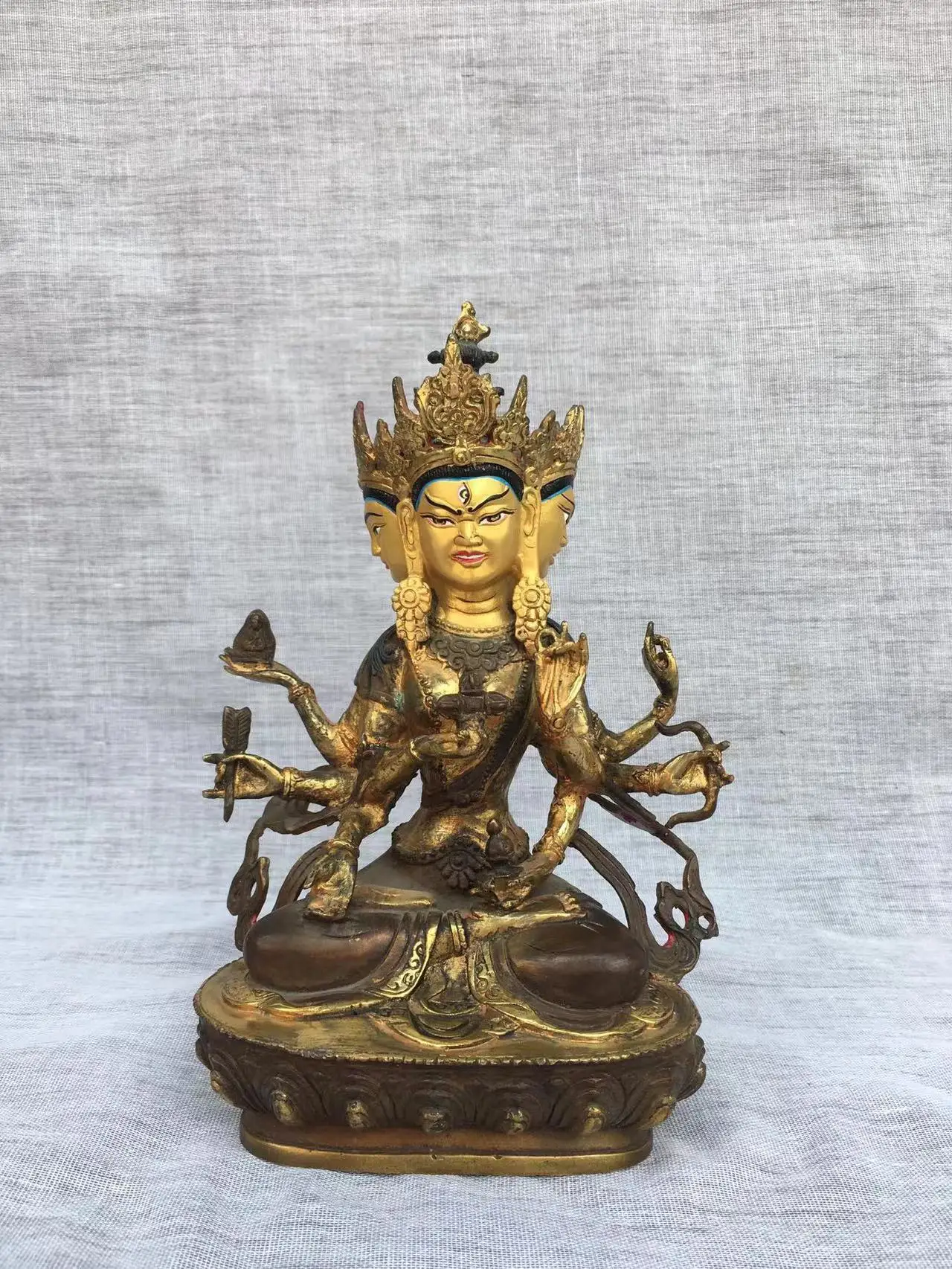 Old Gilding with copper Hand-painted on three sides of six arms Buddha statue,Free shipping
