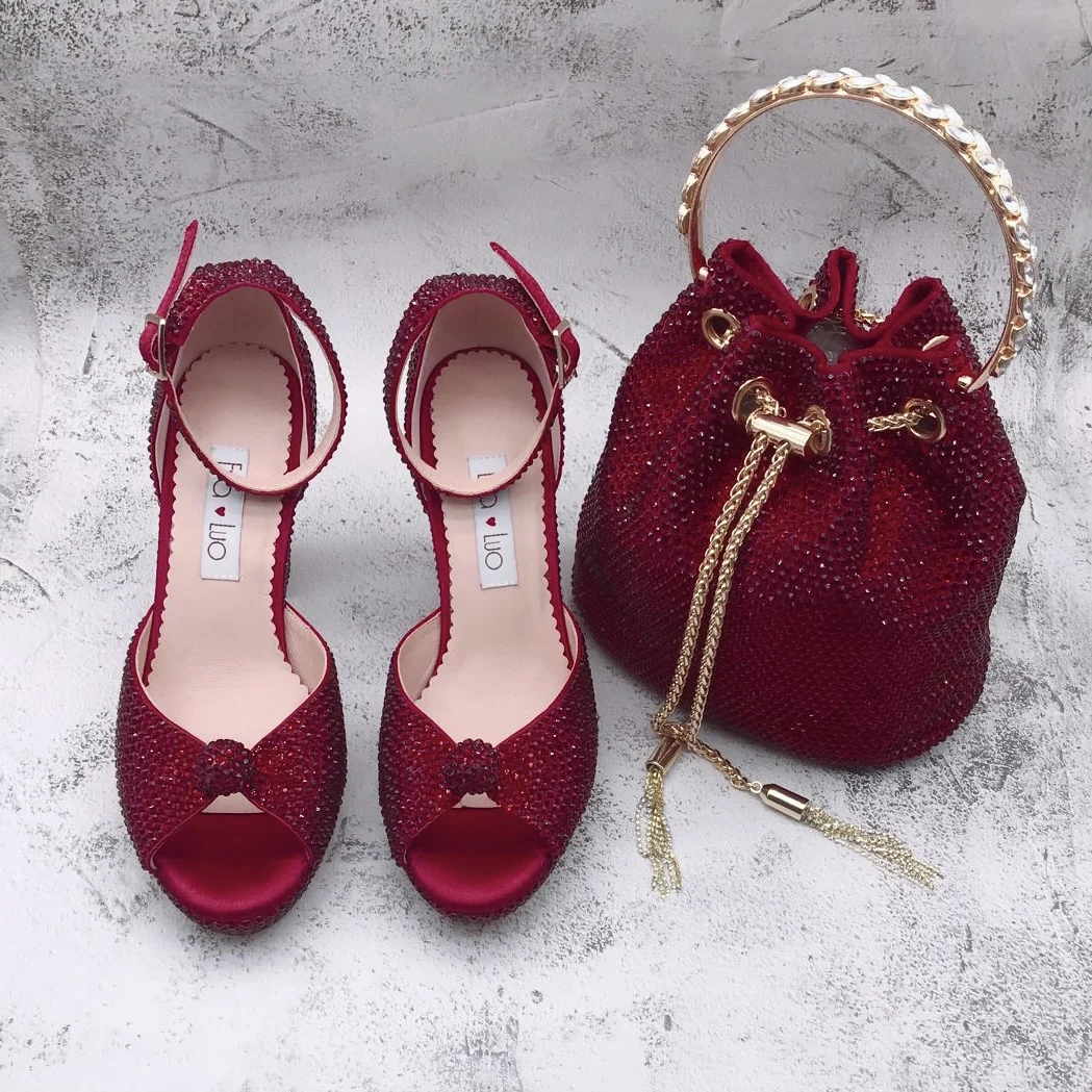 BS1704  Luxury Custom Made Shinning Wine Red Rhinestone  Women African Nigerian Italian  Shoes And Bag Set Wedding Shoes