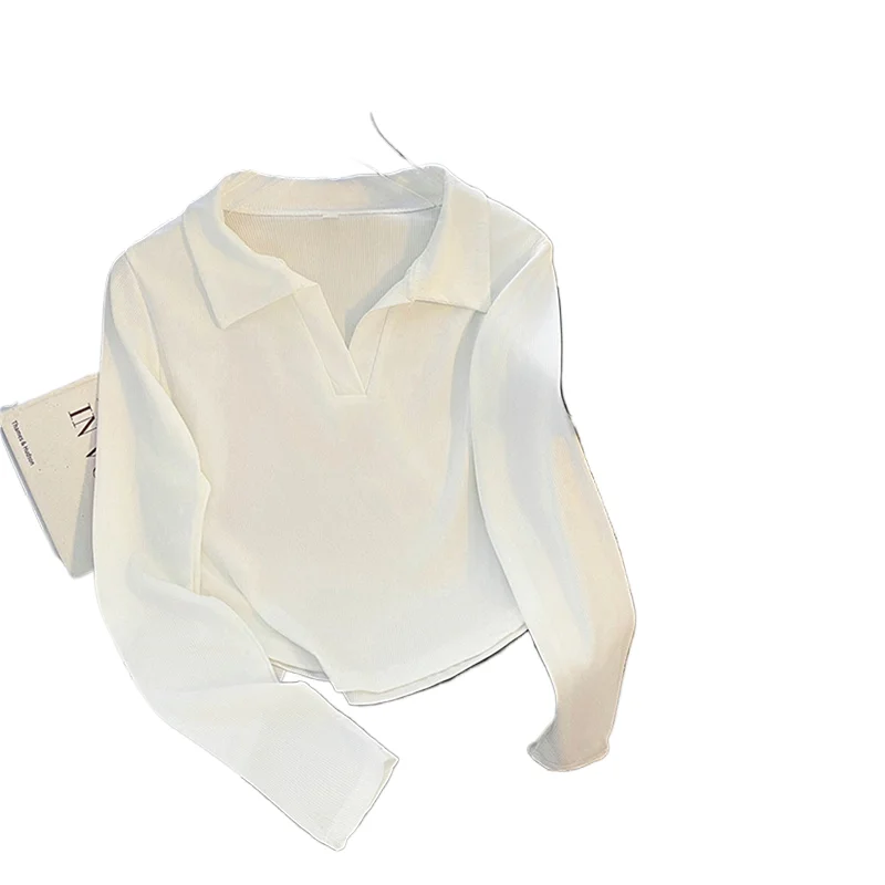 European Style Threaded T-shirt  Women Turndown Collar Long Sleeved Solid Color Top Spring Autumn 2025 New Basic  Tee