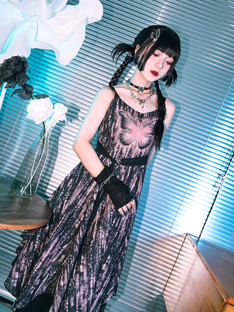 Vestido tipo estilingue estilo doce escuro design feminino camada dupla chiffon verão