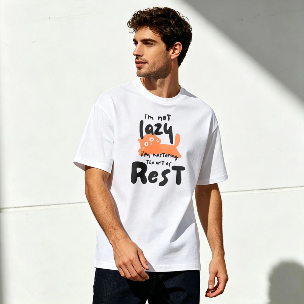 I'm Not Lazy I'm Mastering The Art Of Rest Orange Cat Graphic Men Summer Cotton T Shirt Lazy Mood Cute Pet Slogan Short Sleeve