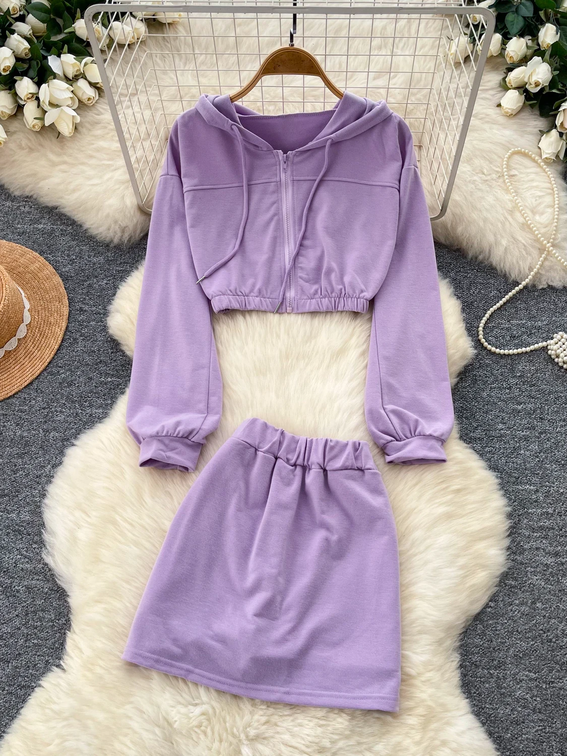 Casual Hooded Open Cardigan Two-Piece Set Women's Purple Slim Fit Short Sweatshirt Half Skirt Women's Ensemble Matching