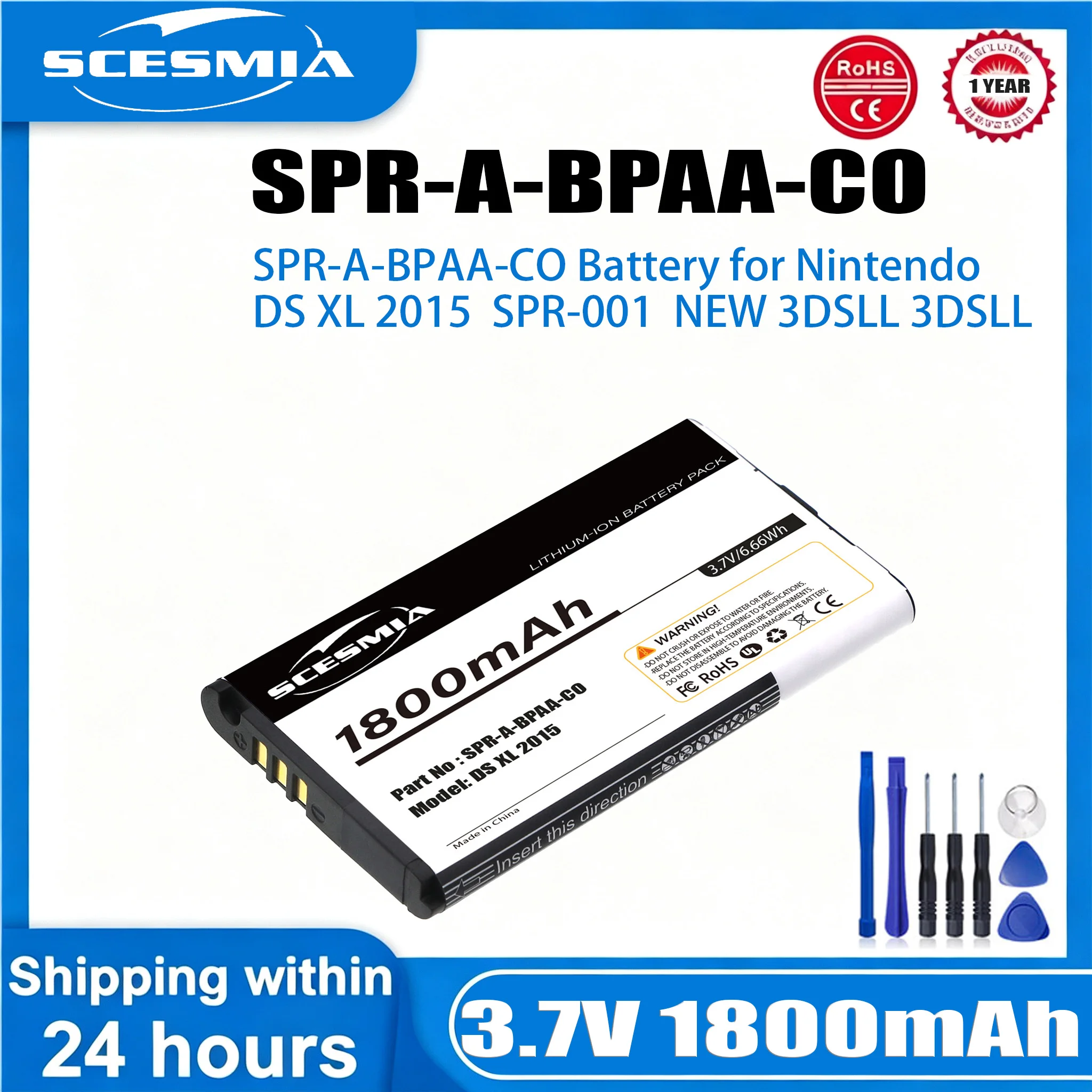 

3.7V 1800mAh Battery SPR-003, SPR-A-BPAA-CO for Nintendo DS XL 2015, SPR-001, NEW 3DSLL, 3DSLL, 3DS LL, DSXL 2015