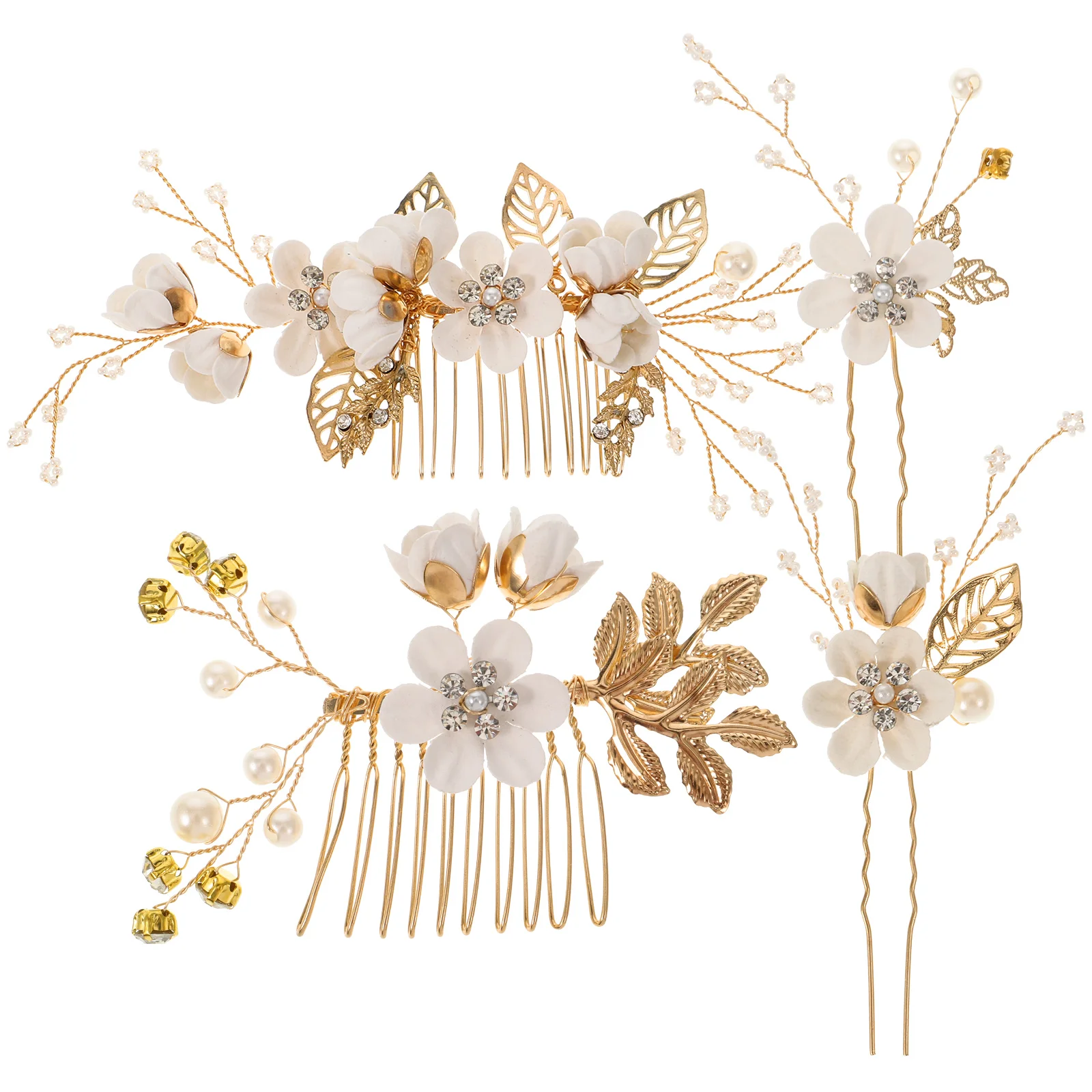 

4pcs Wedding Handmade Fashion Hair Comb Set Floral Bridal Headpiece Hair Accessories Rhinestone Wedding Dress Accessories (White