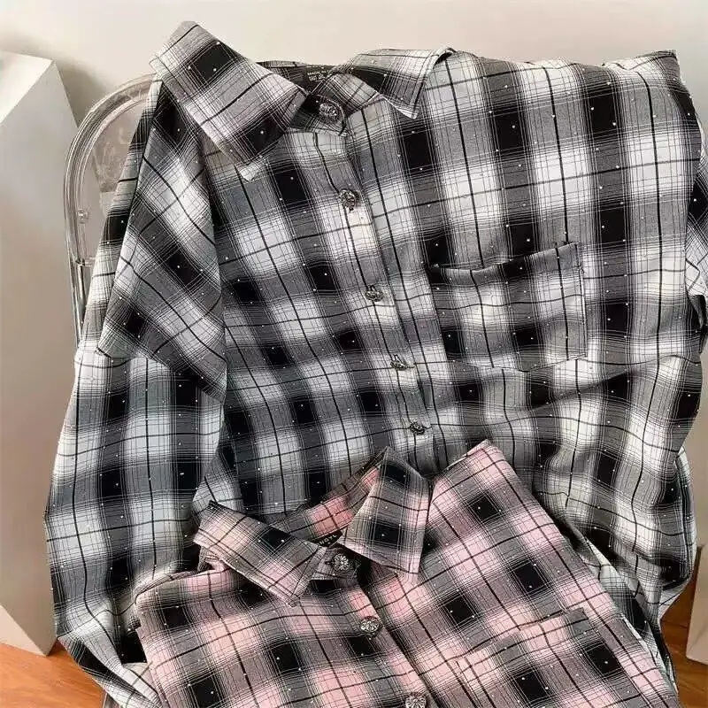 Fashionable Plaid Diamond Encrusted Long Sleeve Shirt Couple's Summer New Design Thin Outerwear Women's Clothing Special Wide