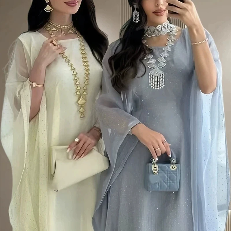 

Muslim New Women's Commute Dresses Elegant Rhinestone Solid Color Chiffon Dress Temperament O-neck High Waist Loose Party Dress