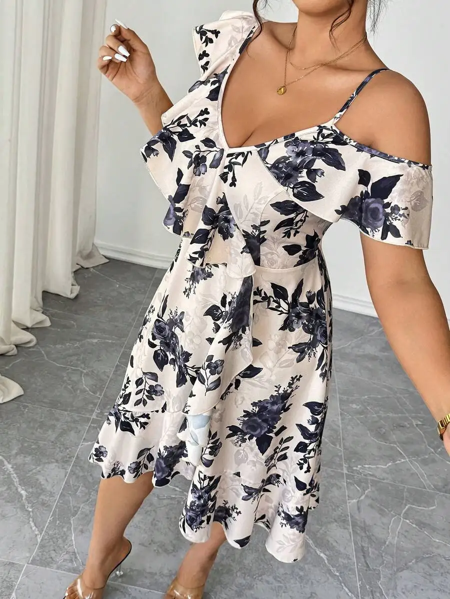 

Elegant Floral Print Adjustable Strap Ruffle Hem A-Line Dress For Women Spring