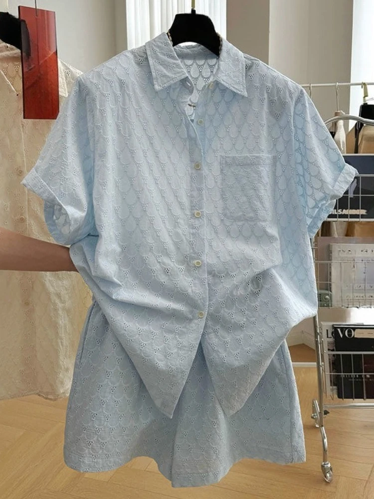 

Fashion Elegant Matching Sets Turn Down Collar Short Sleeve Blouses+high Waist Shorts 2025 Solid Color Hollow Out Women Clothing