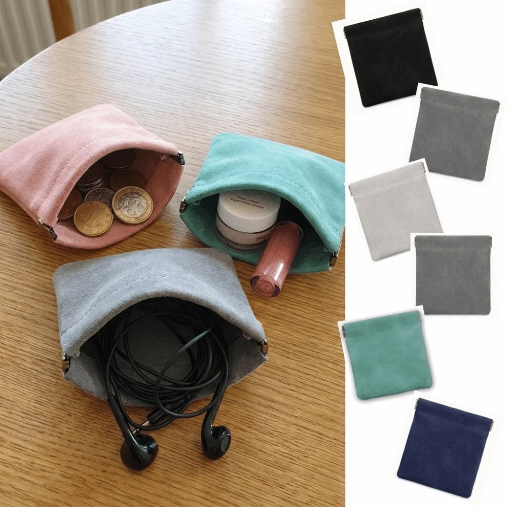 Automatic Spring Open Small Storage Pouch Self-Closing Suede Cable Organizer Mini Cosmetic Bag