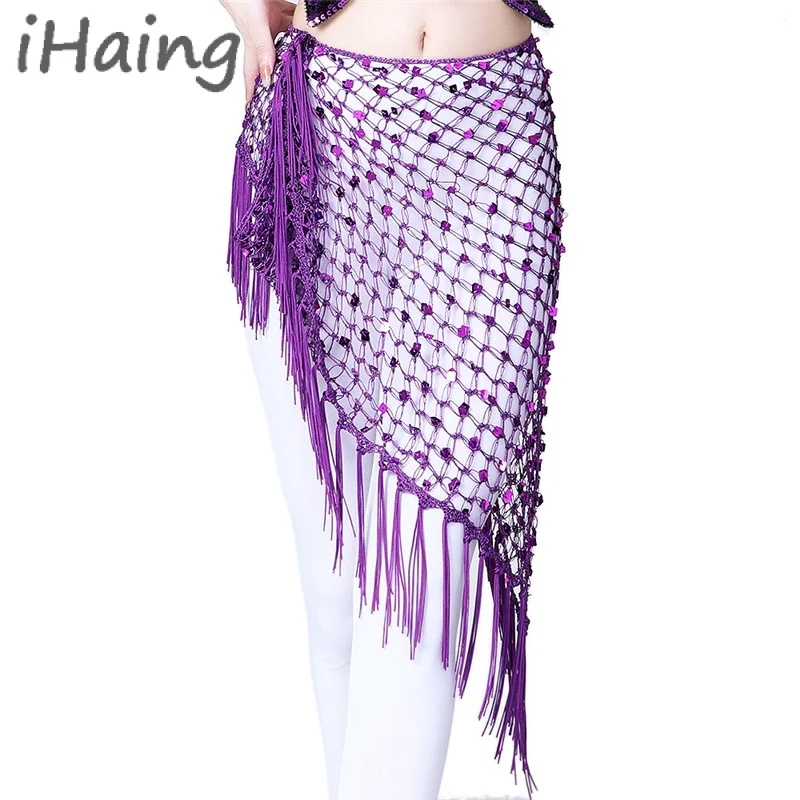 Women Hollow Mesh Belly Dance Hip Scarf Spanish Stage Waist Belt Costume Rave Outfit Wrap Bellydance Lesson Wear Sequins Skirt