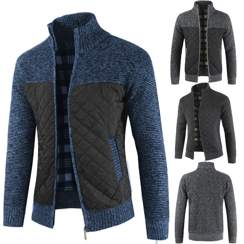 

Мужской свитер, утолщенный бархатный свободный мужской повседневный синий вязаный свитер, мужской кардиган с воротником-стойкой