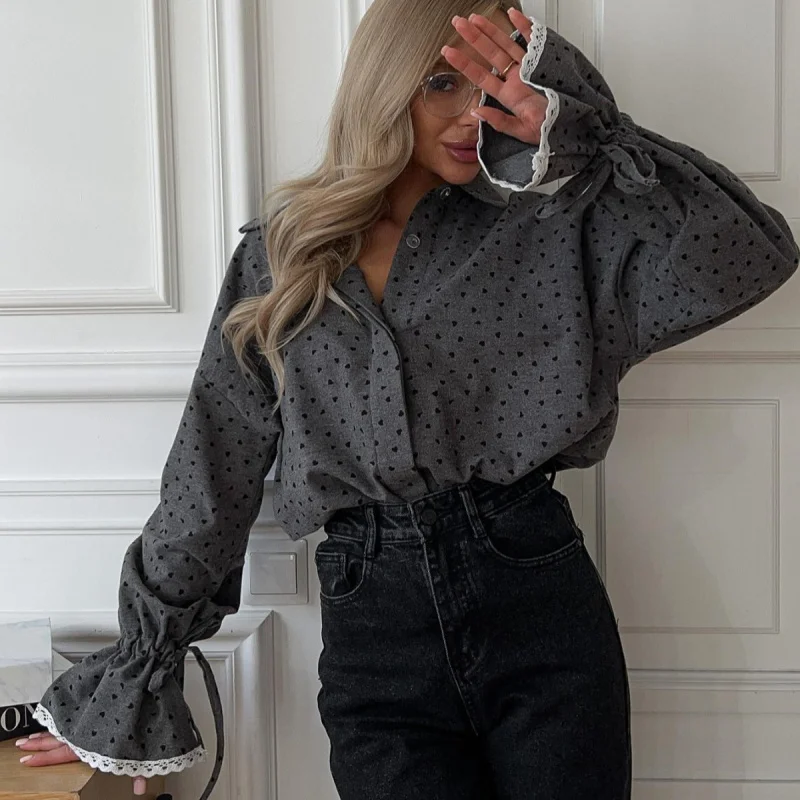 

Women's Hot Spring and Autumn Loose Polka Cuff Lace Shirt Sweet Turn-down Collar Long Sleeve Blouse