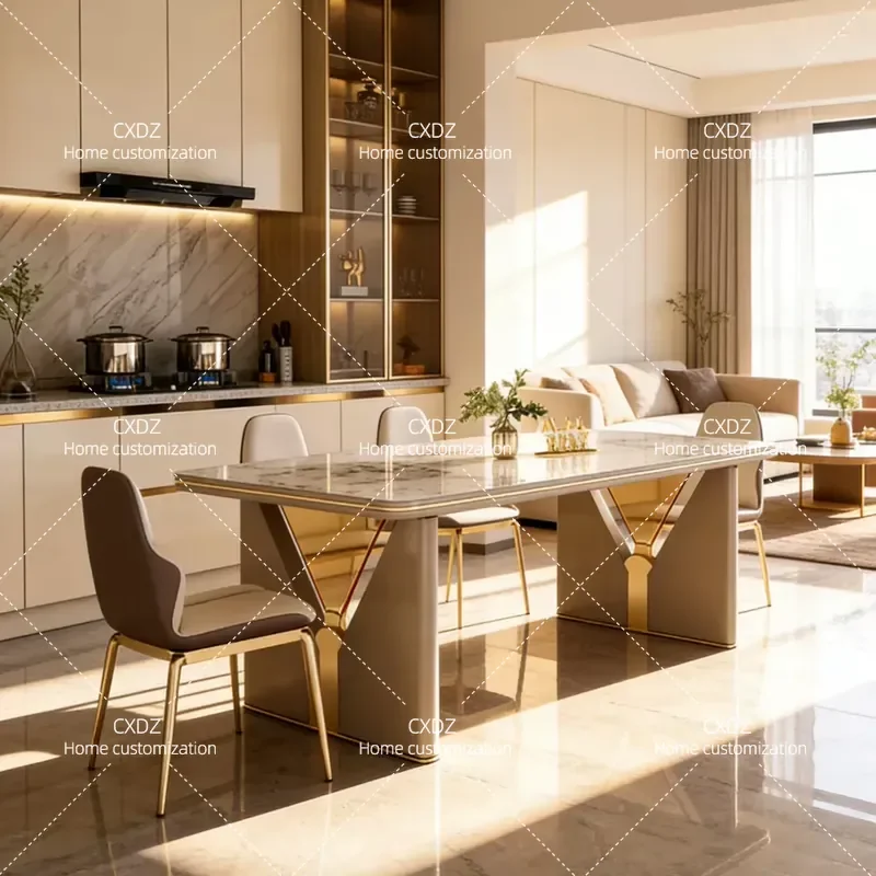 Modern Simple Rectangular Dining Table and Chair Set Light Luxury Rock Slab Surface for Small Apartment Household Villa Use
