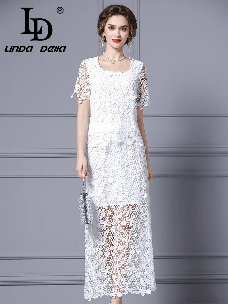 

LD LINDA DELL White lace short sleeved high waisted stylish commuting party square neck lightweight fashionable two-piece set