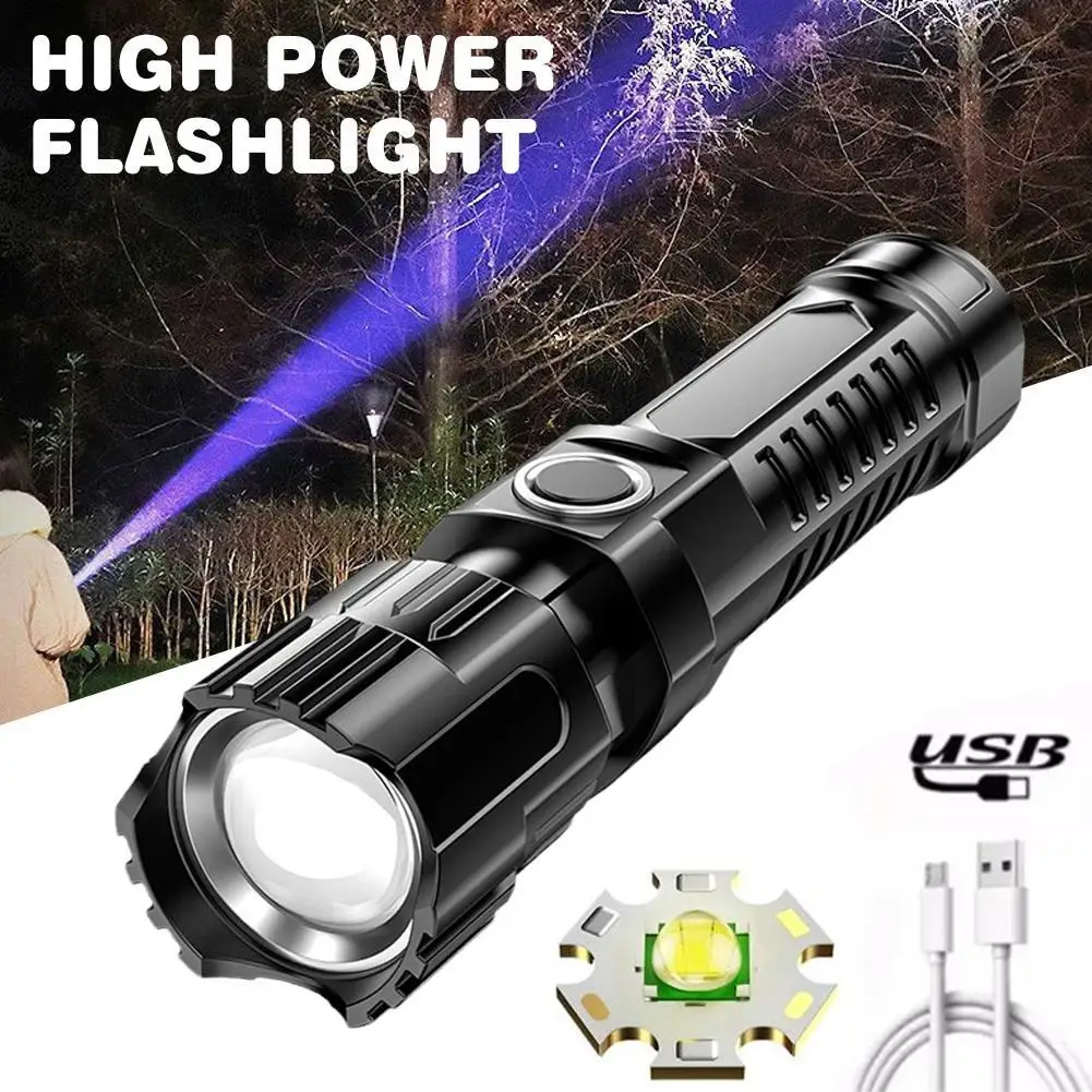 LED High-Power Flashlight Lighting Long Standby Time Camping Retractable Fashlight USB Rechargeable Bright Zoom Spotlight K6Q1