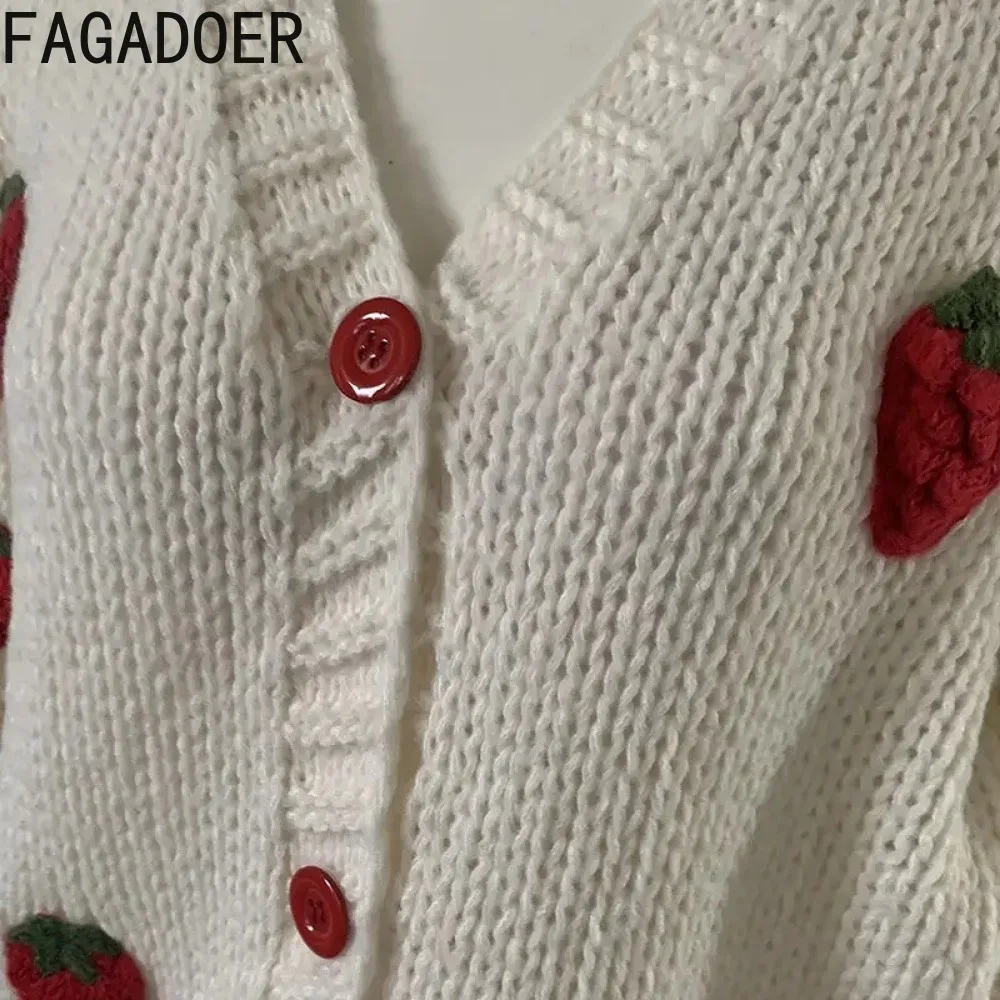 FAGADOER Autumn Winter Sweet Two Piece Set Women Fashion Strawberry Decoration Knitted Cardigan Sweater and High Waist Skirt