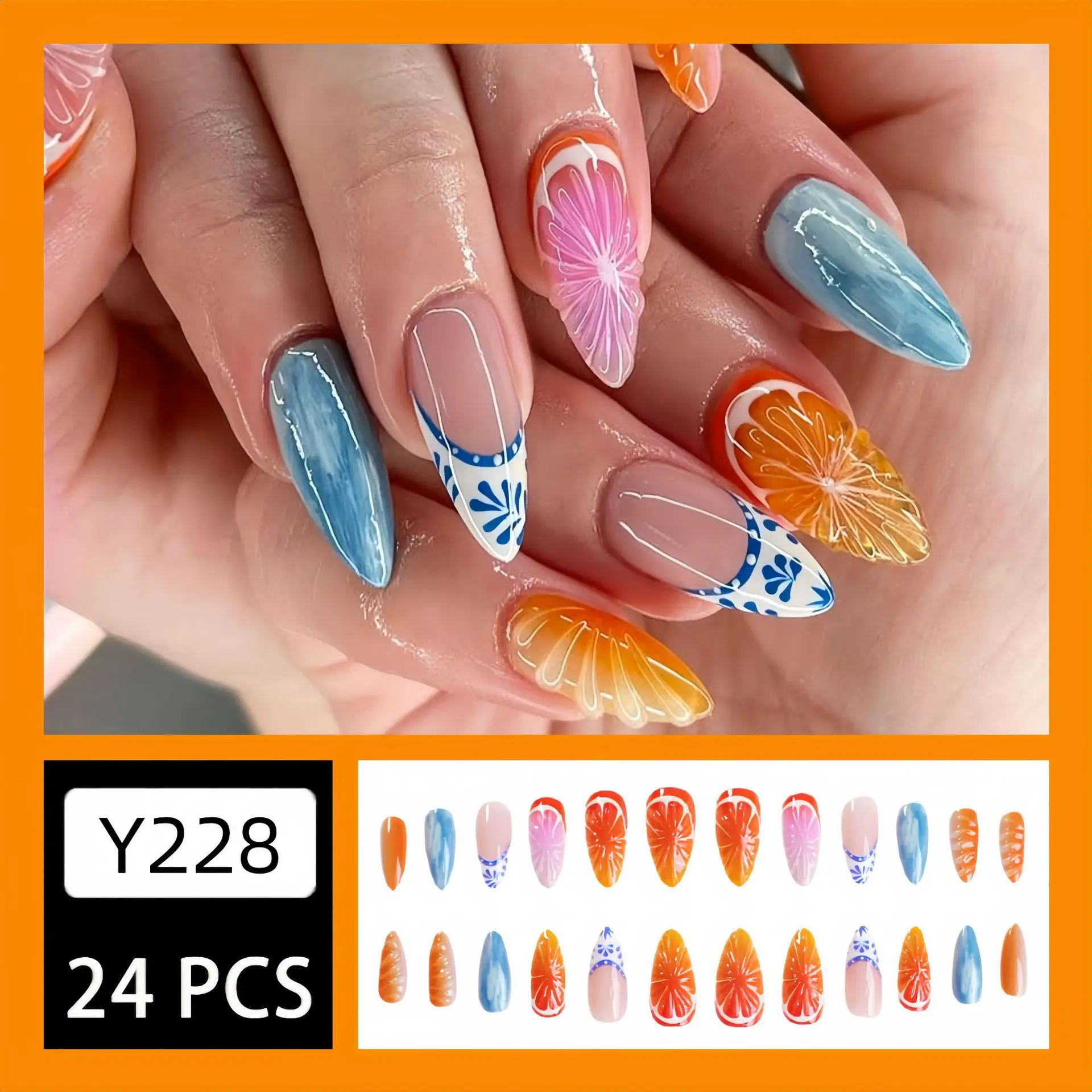 3D Orange Fruit Design Almond Press on Nails French Style False Nails Tips Sweet Almond Fake Nails Fruit Party Grape False Nails