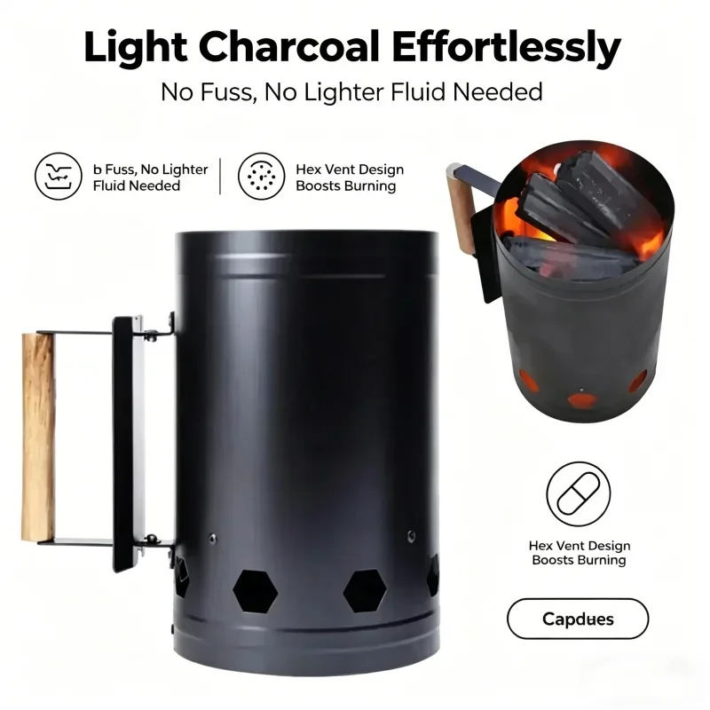Portable Thickened Charcoal Chimney Starter Quick Light Heat Resistant Heavy Duty Fire Starter for Outdoor Camping BBQ Grill