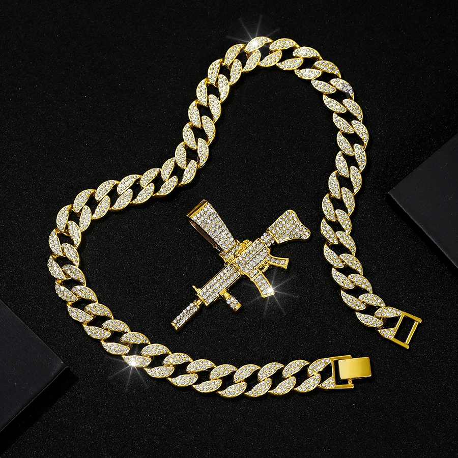 Mens Womens Crystal Gun AK47 Pendant Necklace Punk Hip Hop Rap Cuban Chain Necklace Jewelry Gift
