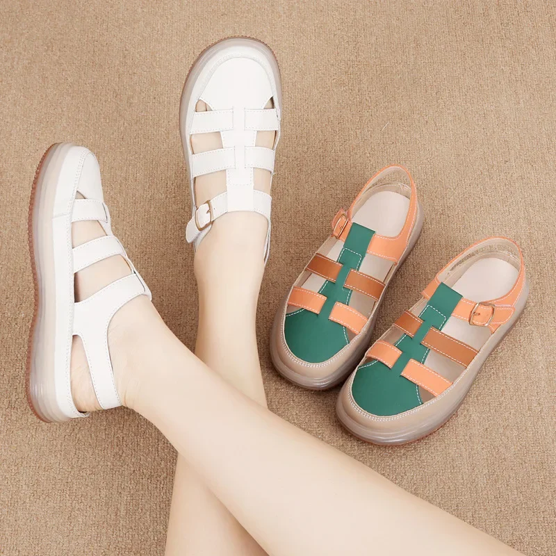 2025 Summer High Quality Leather Baotou Roman Sandals Ladies Retro Hollow Woven Women Sandals Platform Beach Slippers Sandalias