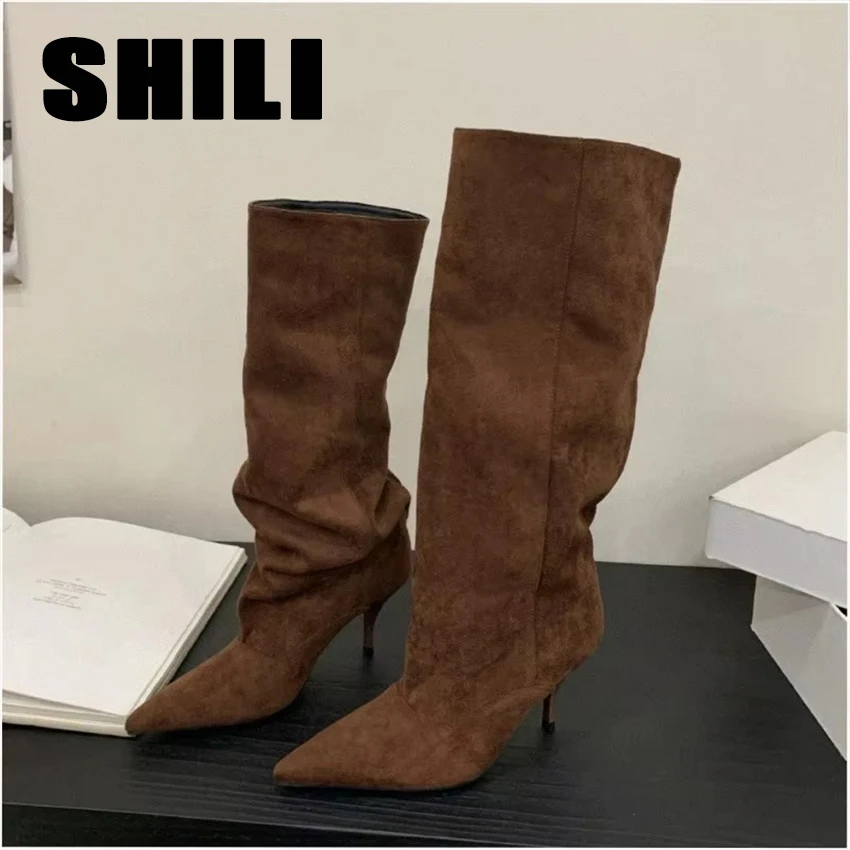 Brand Designer Pointed 8cm High Heels Boots Knee High Women's Boots Suede Versatile Mid Boots Banquet Booties Botines De Mujer