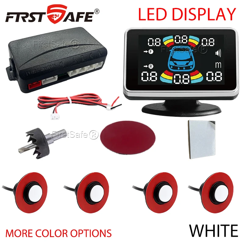 

4 parking sensors, car reverse radar, reverse assist kit, LED display, multi country voice alarm