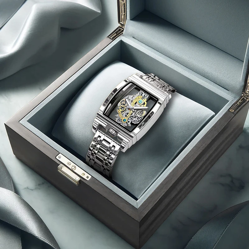 A men's casual fashion practical trendy hollow silver case steel strap quartz watch, perfect as a holiday gift