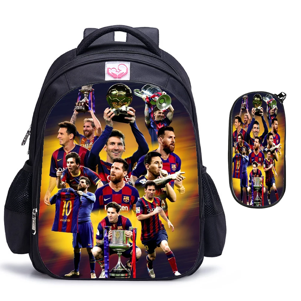 Mochila con estampado de estrellas de fútbol Messi para niños, morral escolar informal ligero de 16 pulgadas, mochila juvenil de dibujos animados de