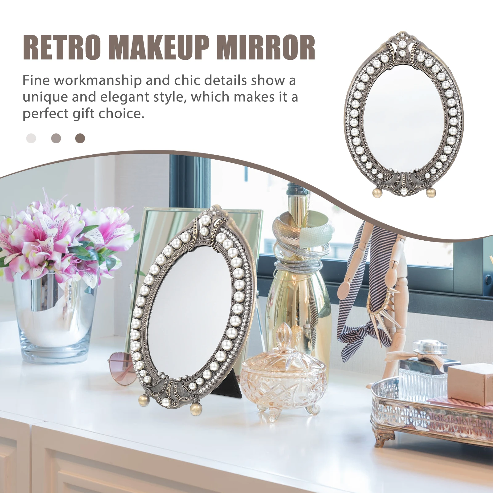 Vintage Perle Make-up Spiegel Desktop Ständer Zinklegierung Retro Tisch Eitelkeit Kommode Dekor für Schlafzimmer Schönheit