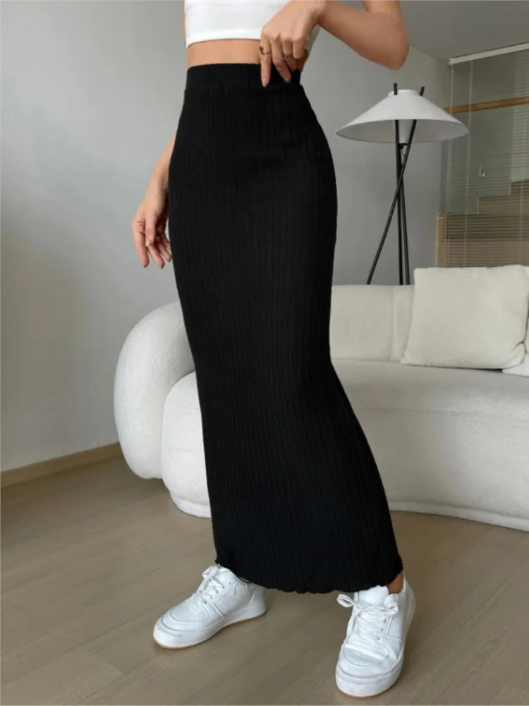 Autumn New Office Ladies Long Ribbed Skirt Women Casual Elastic Waist Slim Fit Knitting Skirt Elegant Bodycon Vestidos Female