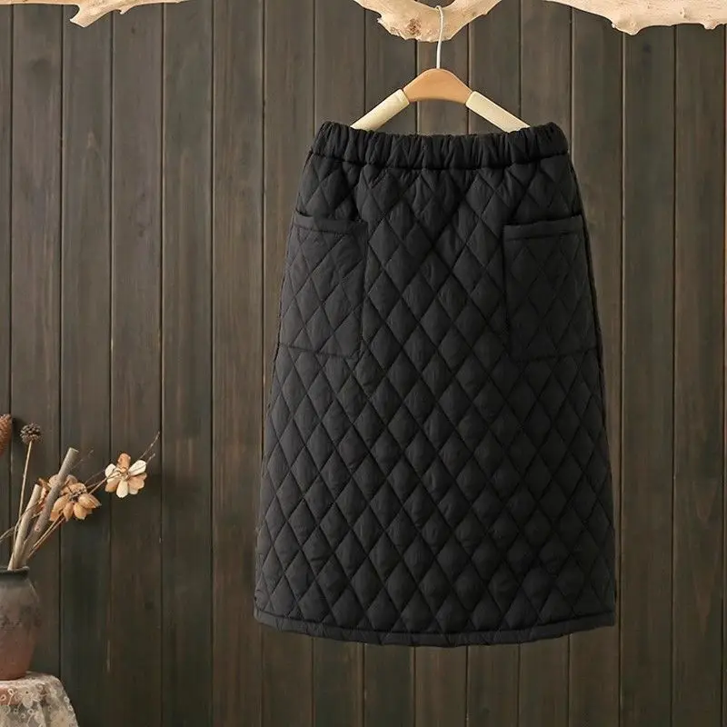 Thickened Diamond Grid Semi-Body Skirt with Cotton Elastic Waist High Waist A-Line Skirt Warm Casual Polyester Fiber