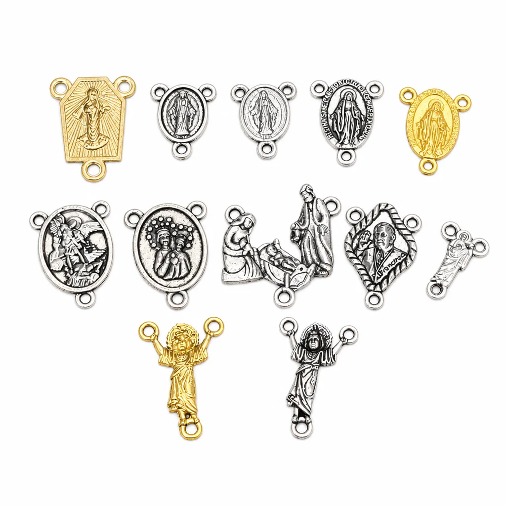 10Pcs Catholic Rosary 3-Hole Center Connectors Saint Medal Virgin Mary Jesus Charms for DIY Prayer Beads Jewelry Findings Bulk