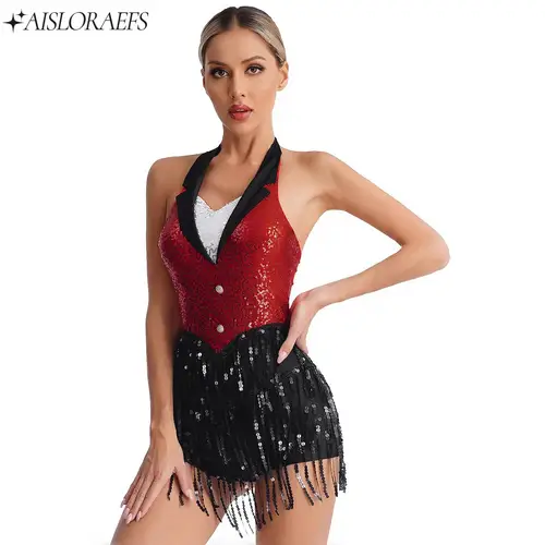 Imagen 1 del producto Leotardo de baile latino de Jazz para mujer, trajes de actuación de salón de baile de Tango Cha-cha Salsa, monos con flecos y borlas de lentejuelas brillantes, Ropa de baile